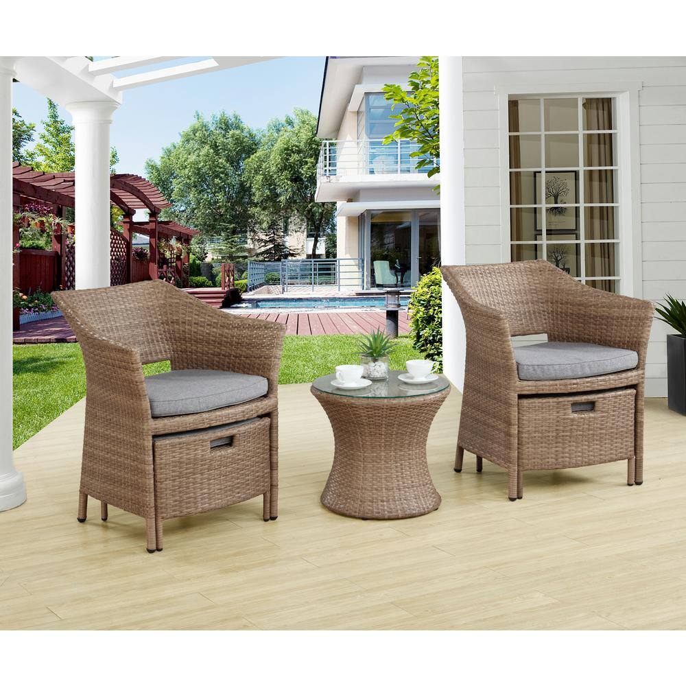 Kokoli 5-Piece Light Brown Wicker Outdoor Conversation Set with Gray Cushions