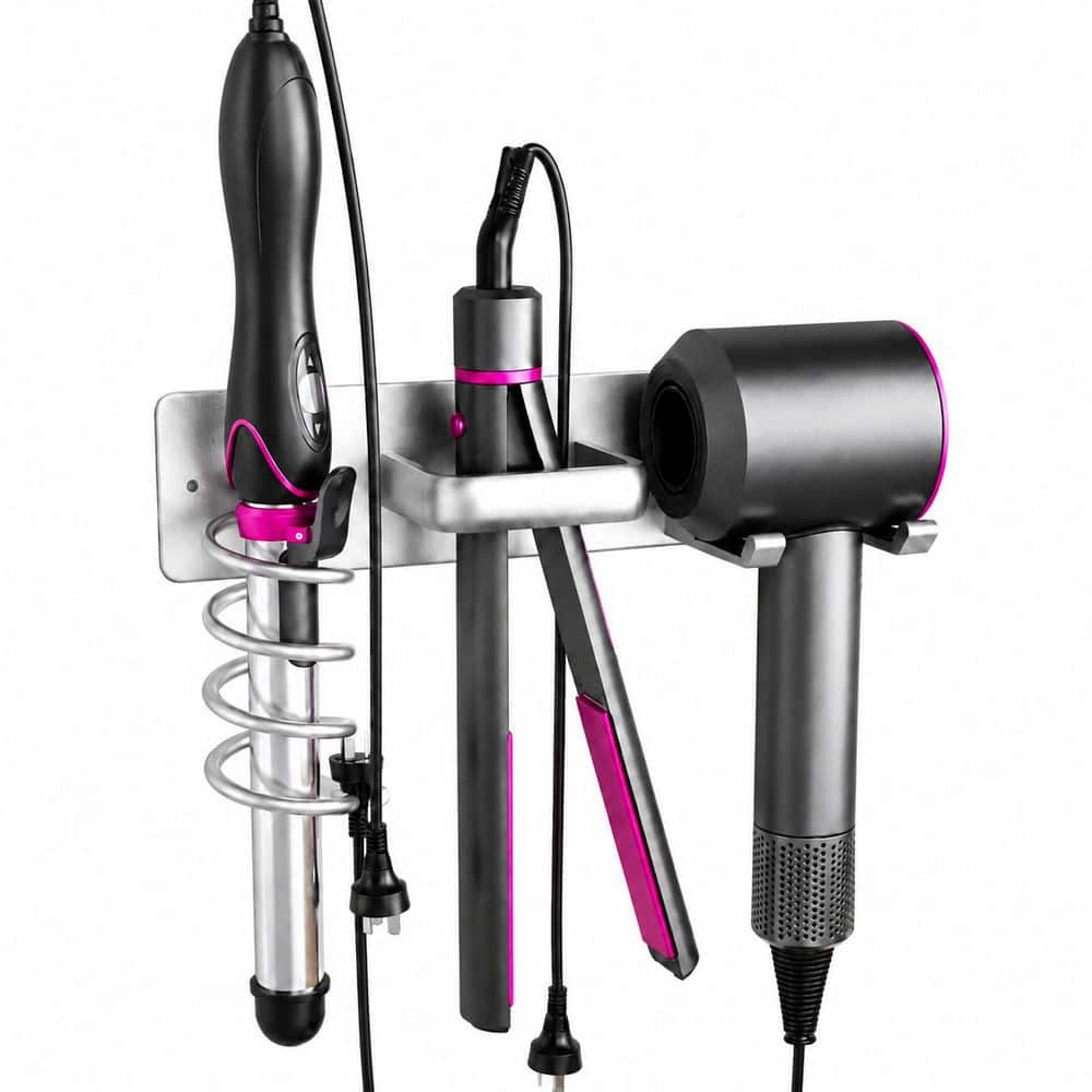 3.07 in Screw Mount Wall-Mount Hair Tool Organizer Silver Aluminum Alloy Holder Rack for Hair Dryer and Curling Iron
