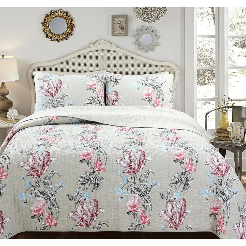 Cozy Line Home Fashions Morning Glory Floral 3-Piece Beige Coral Blue ...