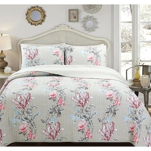 Morning Glory Floral 3-Piece Beige Coral Blue Cotton Queen Quilt Bedding Set