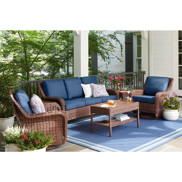 Hampton Bay Cambridge Brown Wicker Outdoor Patio Sofa With Cushionguard Midnight Navy Blue Cushions 65 17148bs The Home Depot - Grey Rattan Garden Furniture With Blue Cushions