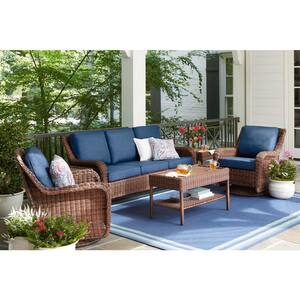 Cambridge Brown Wicker Outdoor Patio Sofa with CushionGuard Midnight Navy Blue Cushions