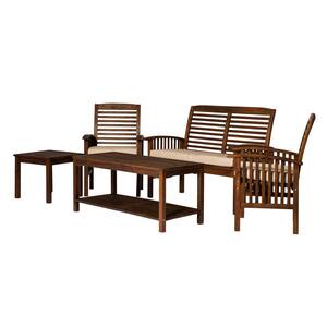 Dark Brown 5-Piece Solid Acacia Wood Outdoor Patio Conversation Chat Set with Off-White Cushions