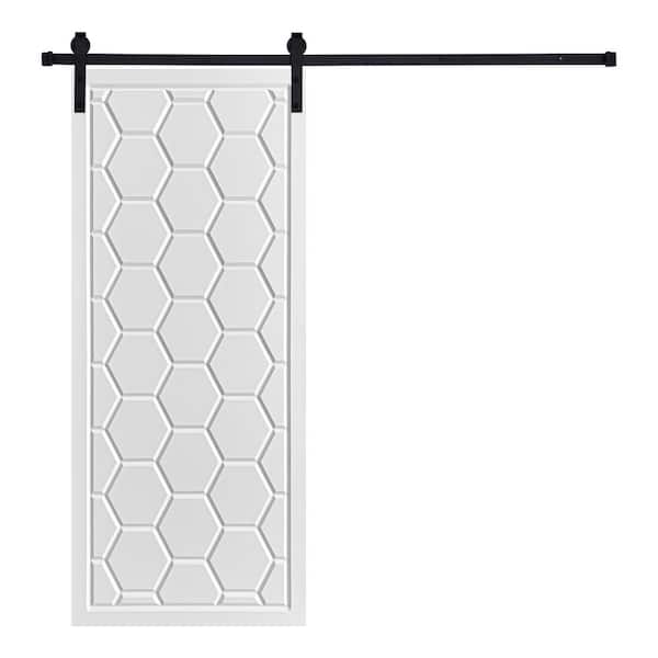 AIOPOP HOME Modern Framed Honeycomb Designed 80 in. x 24 in. MDF Panel White Painted Sliding Barn Door with Hardware Kit
