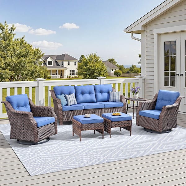 6-Piece Wicker Patio Conversation Set with Swivel Glider Chairs, Outdoor Couch Seating Set with Blue Cushions