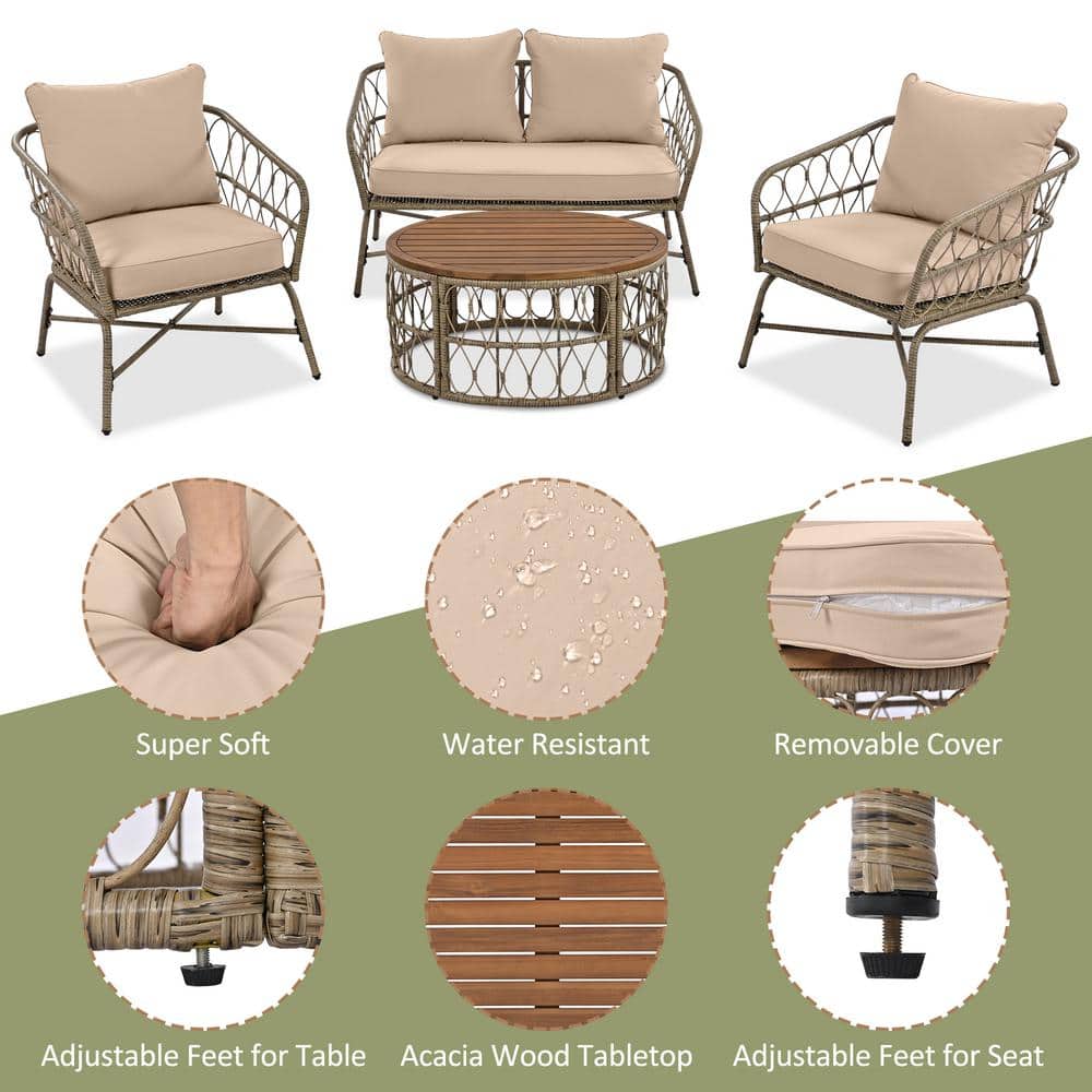 4-Piece Beige Wicker Patio Set with Brown Wood Table
