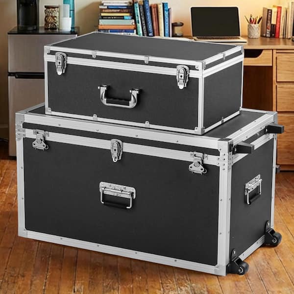 Set of 2 Metal Storage Trunks, Wooden Boxes with 32.13 in. Black Backpack, Padlocks, Casters & Handles, Decorative Chest