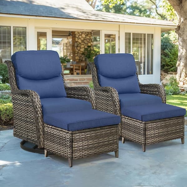 Crescent Gray Wicker Outdoor Rocking Chair Set with 5 in. Thick Navy Blue Cushions, Swivel Rockers, Ottomans (4-Pack)