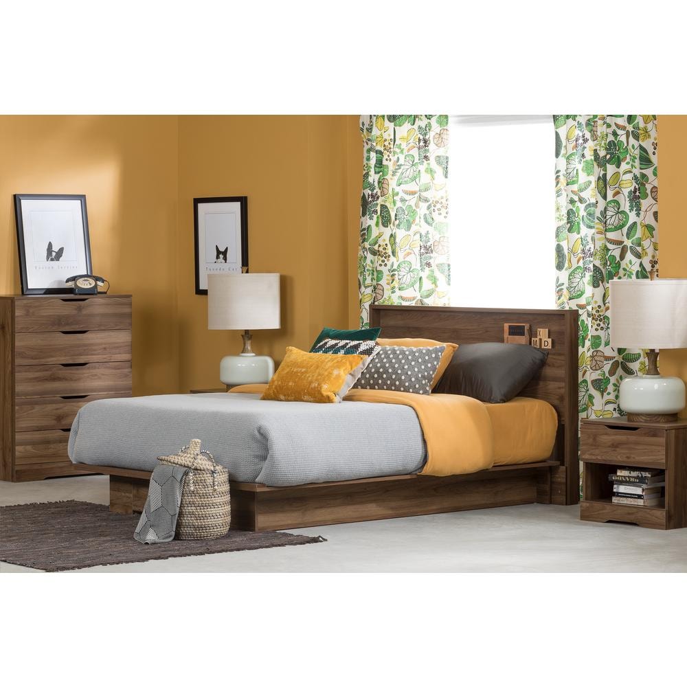Sleek Holland Queen Platform Bed with Storage Drawer in Natural Walnut