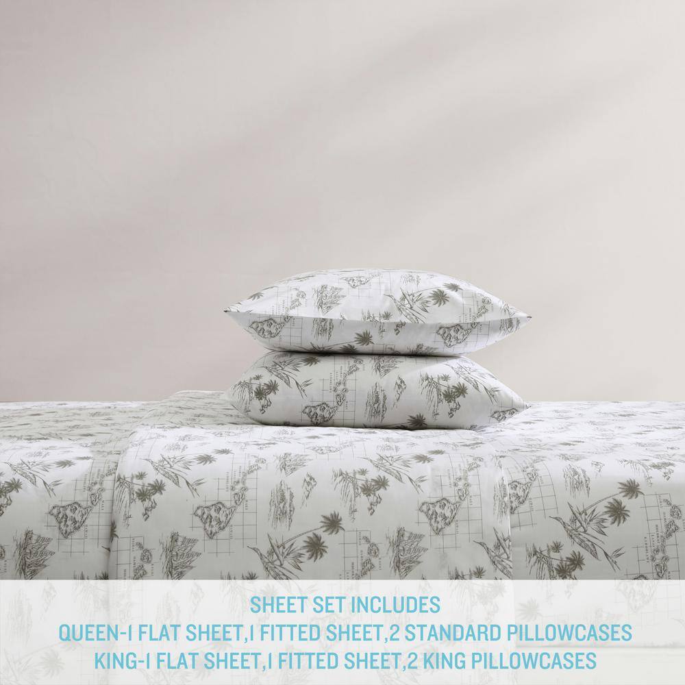 Vintage Map Print White Cotton Queen Sheet Set
