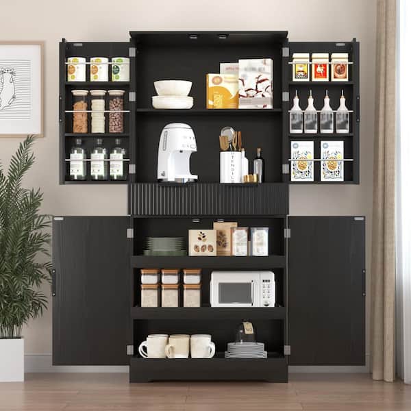 72 in. Fluted Black MDF Buffet with 3-Drawers and 6 Adjustable Door Shelves