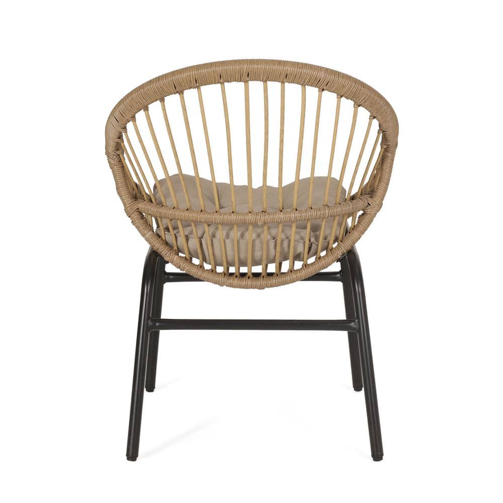 Light Brown and Beige Wicker Outdoor Dining Chairs with Cushions, Set of 2