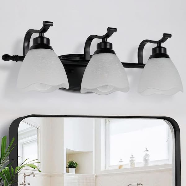 20 in. 3-Light Black Bathroom Vanity Light Fixture with Frosted Glass Shades