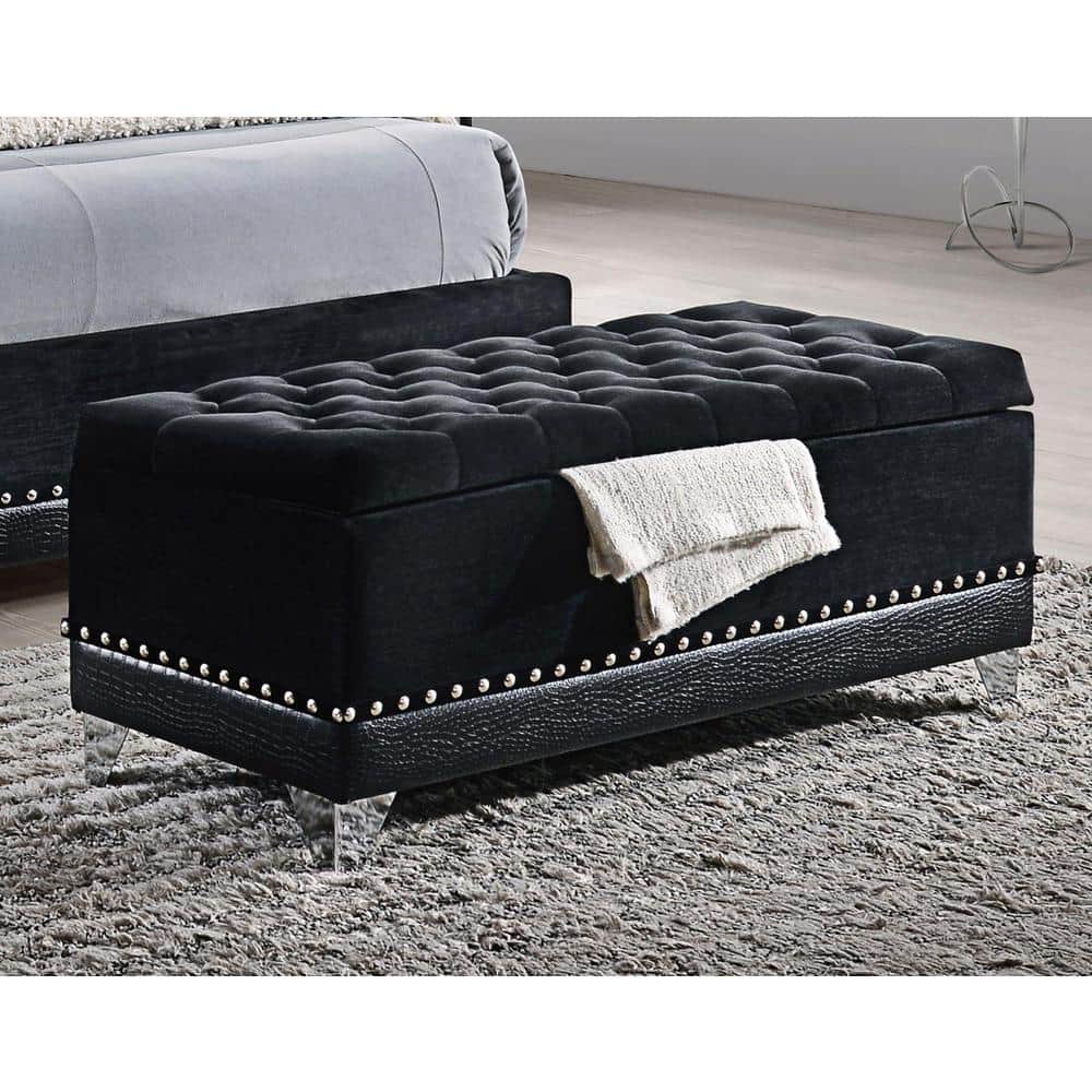 Luxurious 44'' Black Velvet Tufted Storage Trunk with Chrome Accents