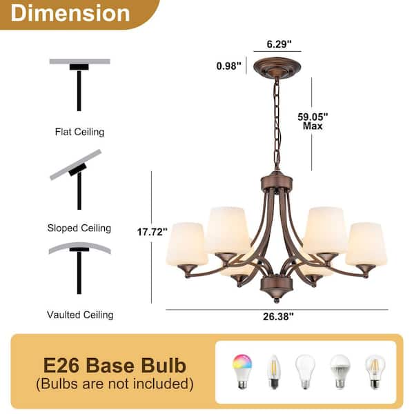 TinHon 6-Light Vintage Bronze Chandelier with Milky White Glass