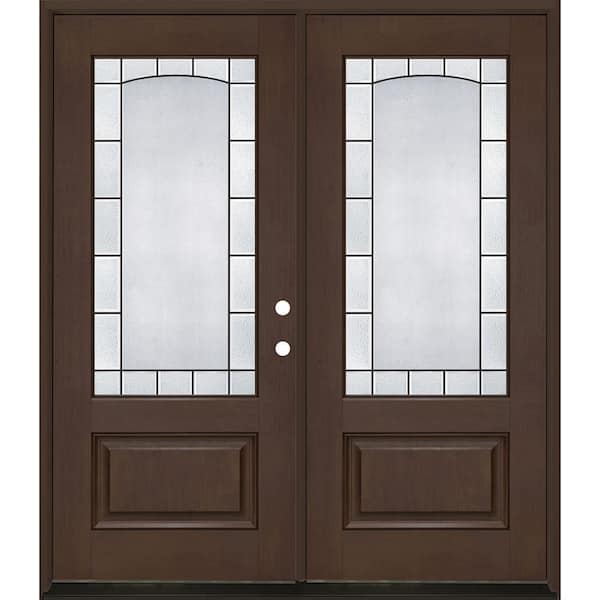 Steves & Sons Regency 72 in. x 80 in. 3/4L Empire Decorative Glass LHIS Hickory Fiberglass Double Prehung Front Door with 4-9/16 Jamb