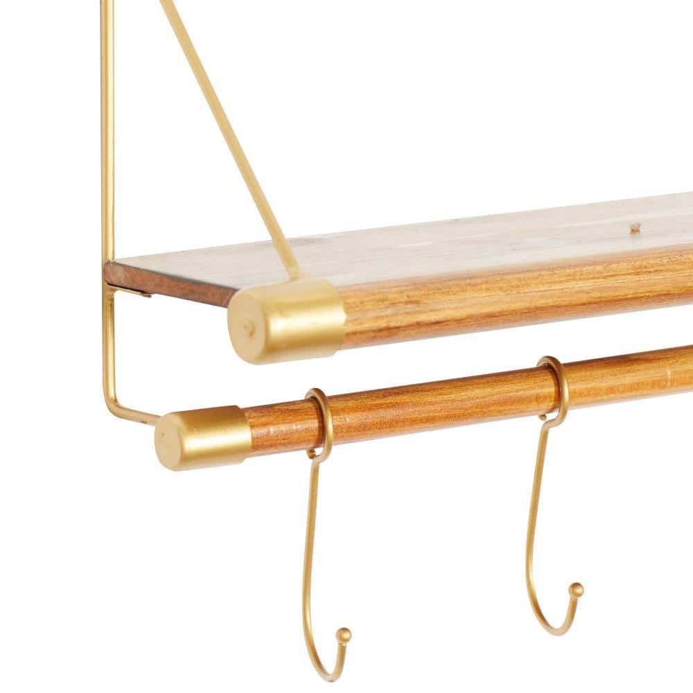Gold and Wood Nordic Wall Shelf with Hooks