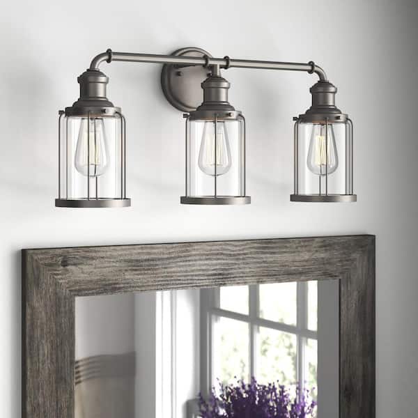 Anson 24 in. 3-Light Satin Copper Bronze Industrial Vanity Light with Clear Glass Shades