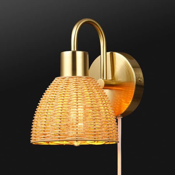 Isla 1-Light Matte Brass Plug-In or Hardwire Wall Sconce with Faux Rattan Shade
