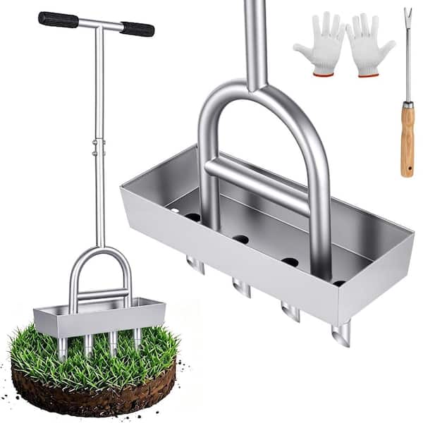 13.78 in Manual Lawn Coring Aerator with 4 Stainless Steel Plug Corers Silver 1-Piece