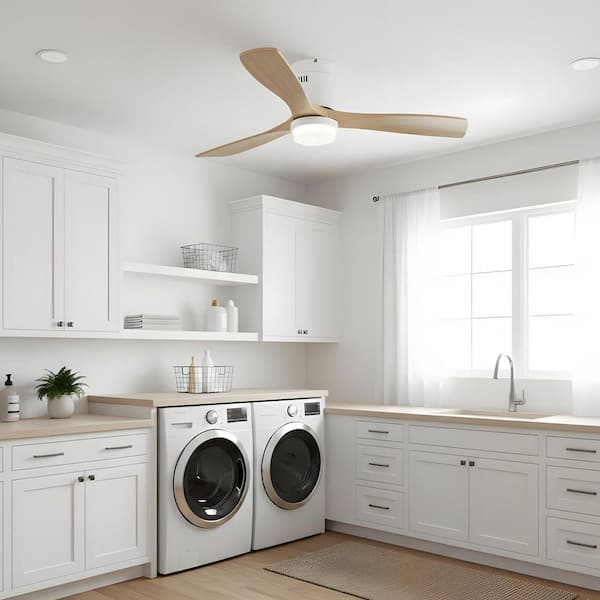 52 in. Integrated LED Indoor Farmhouse Style Flush Mount White Oak Natural Ceiling Fan with Light Kit and Remote Control