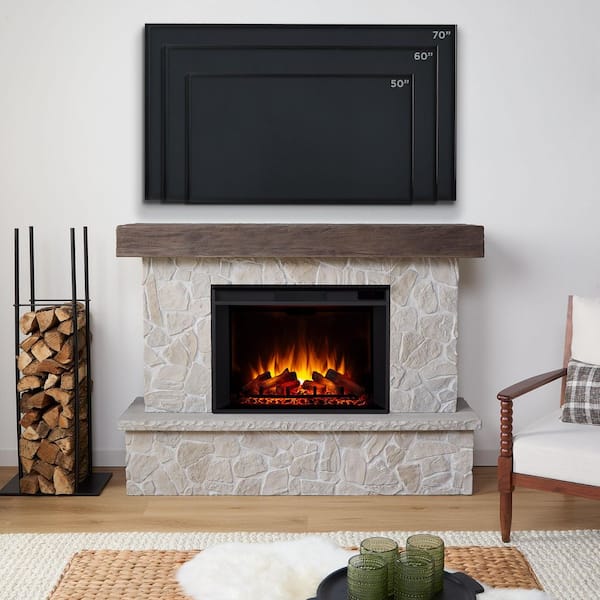 Odette 64 in. Freestanding Grand Electric Fireplace in Natural Stone
