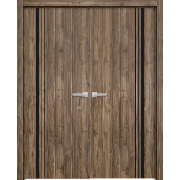 Sartodoors 48 in. x 96 in. 2 Panel Walnut Finished Solid Wood with Honeycomb Sliding Door with Hardware