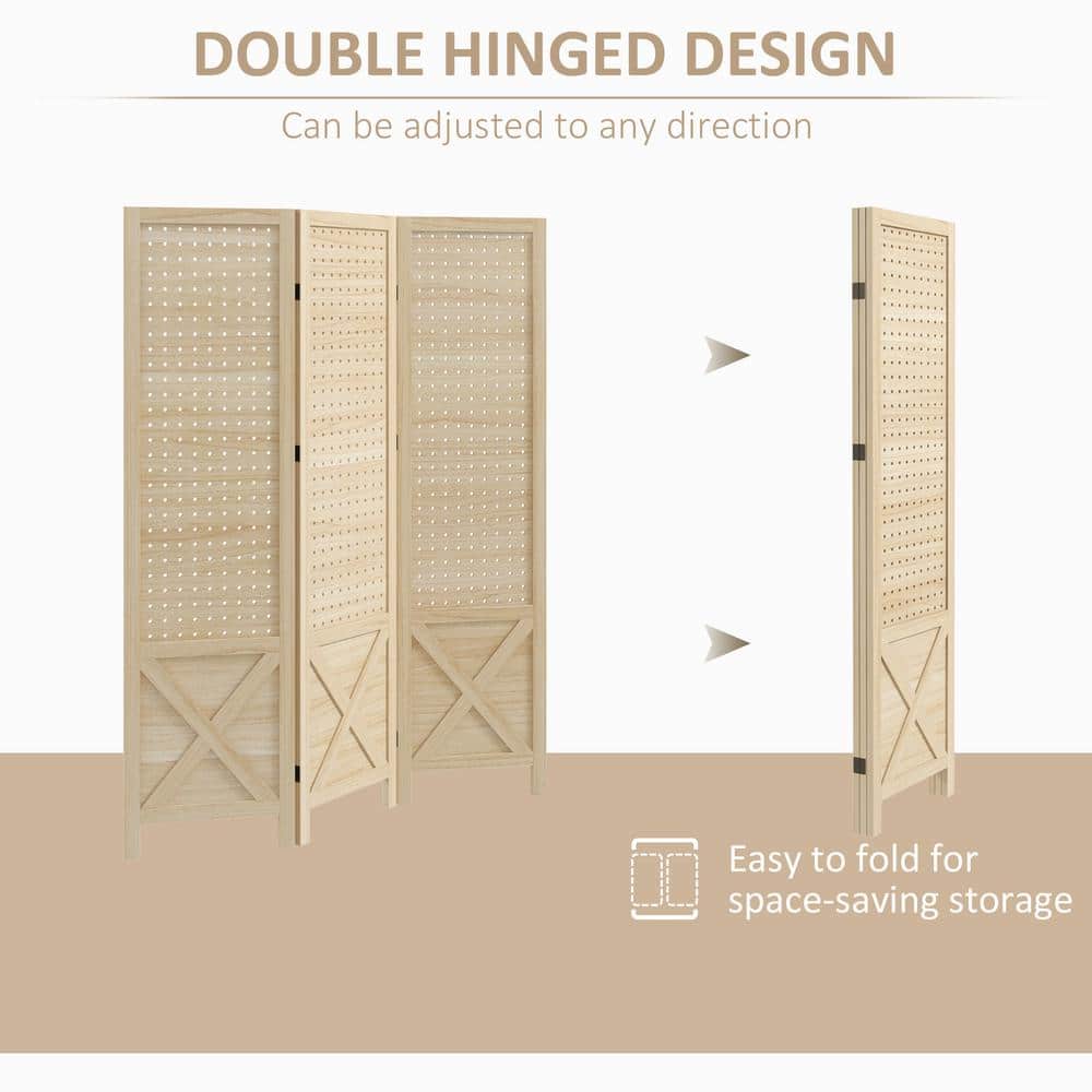 Natural Wood Folding 3-Panel Room Divider with Pegboard Display
