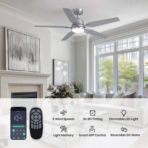 52 in. Modern Smart Indoor Brushed Chrome Low Profile Ceiling Fan with 3-Color Dimmable LED Light and Remote APP Control Ceiling Fans With Lights