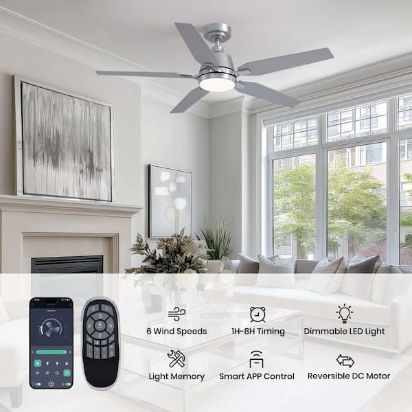 52 in. Modern Smart Indoor Brushed Chrome Low Profile Ceiling Fan with 3-Color Dimmable LED Light and Remote APP Control