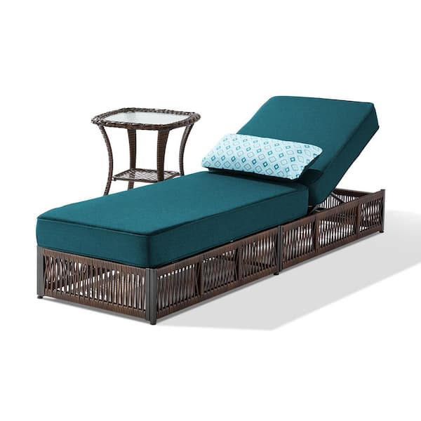 R-Woven 2-Piece Wicker Outdoor Chaise Lounge, Adjustable Backrest Patio Lounger with Side Table, Peacock Green Cushions