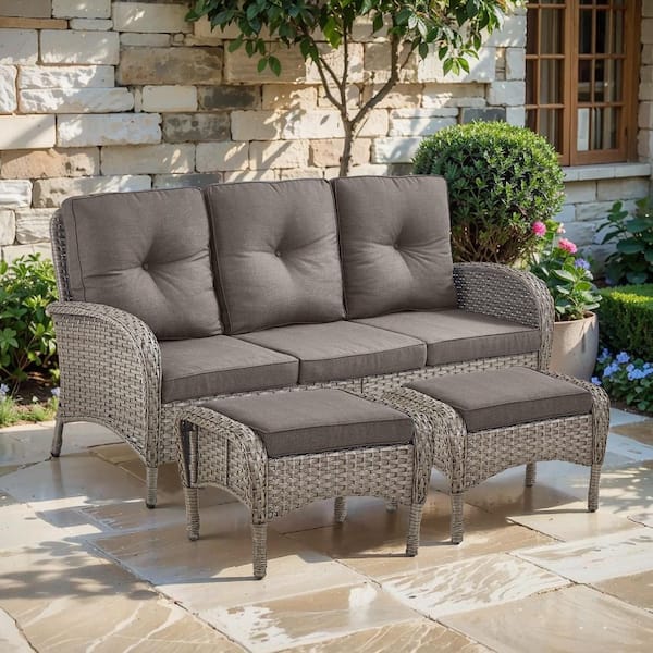 SleekArm 3-Seat Gray PE Wicker Outdoor Couch with Olefin Gray Cushions /Matching Patio Ottomans (3-Piece)