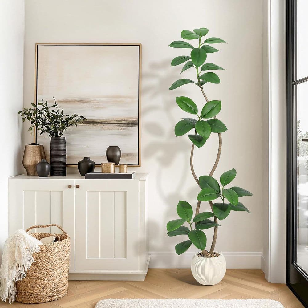 6 ft. Artificial Rubber Tree w/ White Sphere Resin Planter and