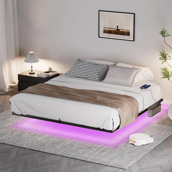 Black Metal Frame Floating King Platform Bed Frame w/LED Lights & Charging Station Kids Adult Metal Bed Frame, 1000 lbs.