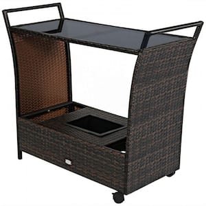 Outdoor Patio Wicker Rattan Bar Serving Cart with Glass Top and Handle