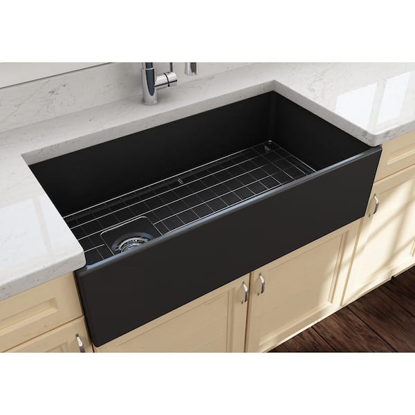 Contempo Farmhouse Apron Front Fireclay 36 in. Single Bowl Kitchen Sink with Bottom Grid and Strainer in Matte Dark Gray