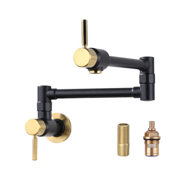 Brass Wall Mounted Pot Filler with Double Handle Folding Kitchen Sink Faucet in Black and Gold