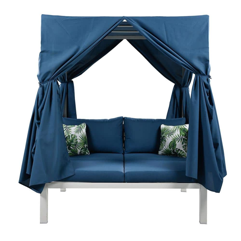 White Woven Rope Metal Outdoor Day Bed with Blue Cushions, Blue Curtains, H
