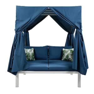White Woven Rope Metal Outdoor Day Bed with Blue Cushions, Blue Curtains, High Comfort, Suitable for Multiple Scenarios