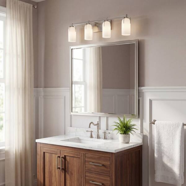 Caldwell 32 in. 4-Light Satin Nickel Bathroom Vanity Light with Etched White Opal Glass Shades