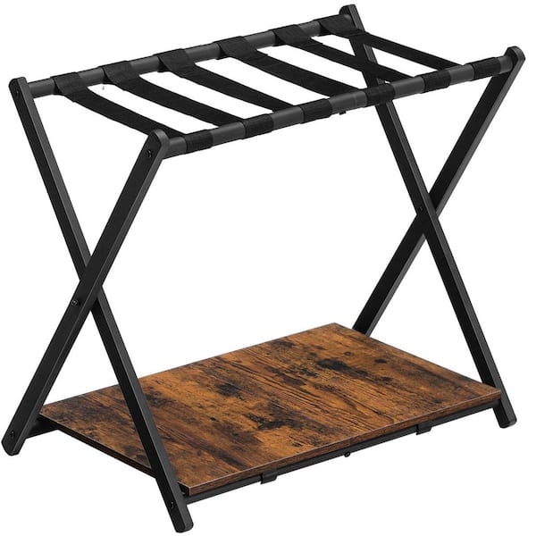27.2 in. x 15.7 in. x 24 in. Brown and Black Folding Luggage Rack with Wooden Storage Shelf, Suitcase Stand Holder