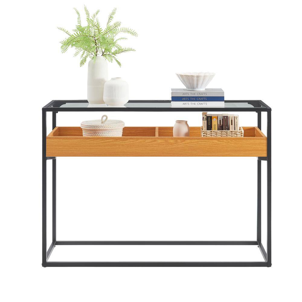 Golden Oak and Black Metal Console Table with Glass Top and Storage Shelf