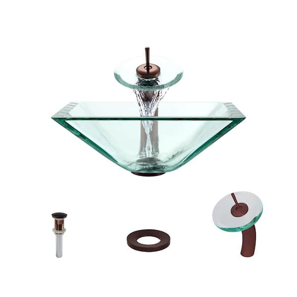 MR Direct Glass Vessel Sink in Crystal with Waterfall Faucet and Pop-Up Drain in Oil Rubbed Bronze