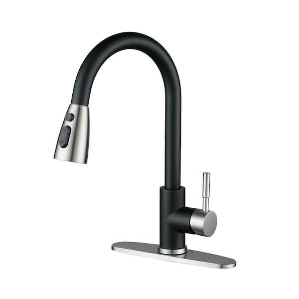 IVIGA Single Handle Pull Out Sprayer Kitchen Faucet Included Deckplate in Nickl and Black