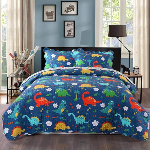 MarCielo KL006 Blue Dinosaur Full Size Cotton Quilt Bedspread Set