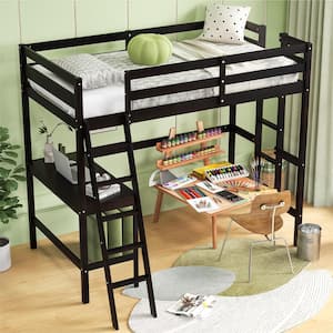 Brown Twin Loft Bed Frame with Desk and Built-in Ladder Frame