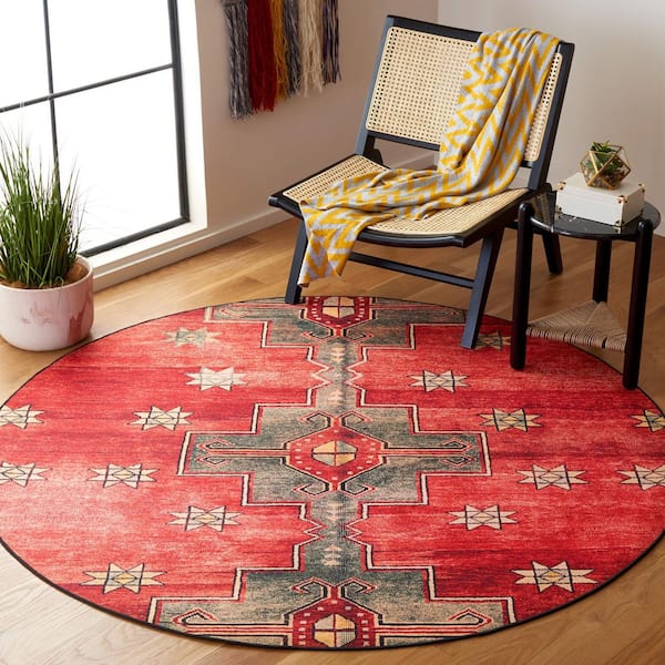 Tucson 4 ft. x 4 ft. Round Rust/Green Symmetrical Geometric Washable Area Rug