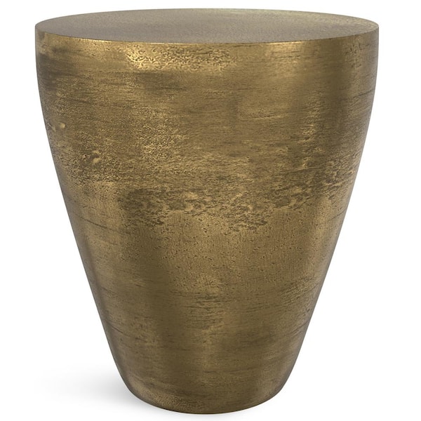 Simpli Home Cavan Contemporary 17 in. Wide Round Cast Aluminum Side Table in Antique Brass, Fully Assembled