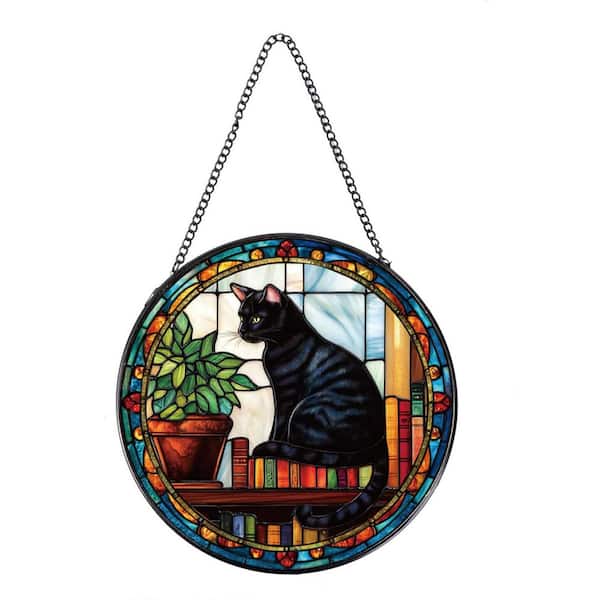 7.87 in. Black Cat Book Stained Glass Window Panel WK2600 - The Home Depot