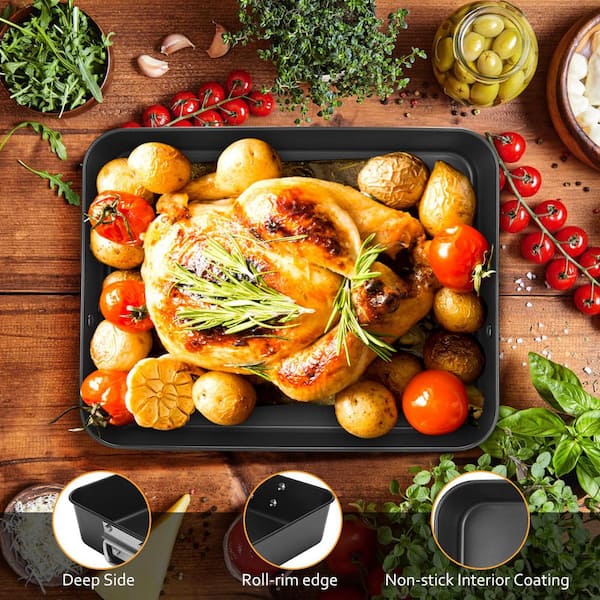 2-Piece Dark Grey Heavy Gauge Steel Nonstick Deep Baking Roasting Pan Set with Handles